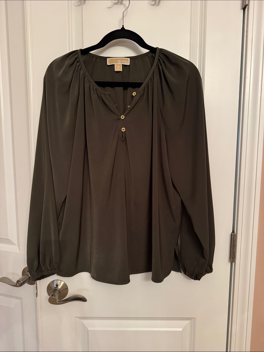 MICHAEL Michael Kors Olive Peasant Blouse with Gold Buttons